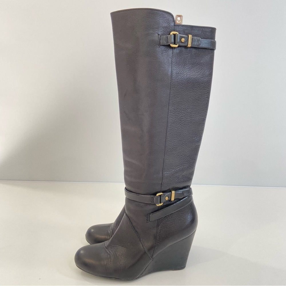 Coach Adair black leather tall wedge boots gold zip buckle detail round toe 6.5B